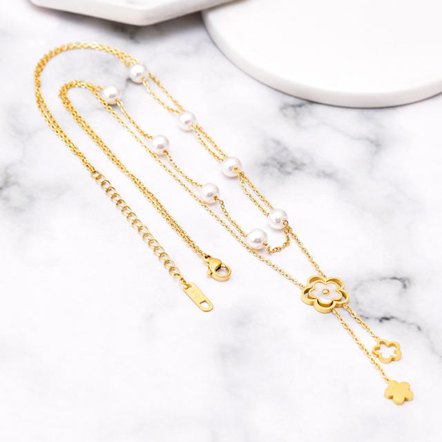 Delicate pearl bead two layer white shell flower stainless steel necklace