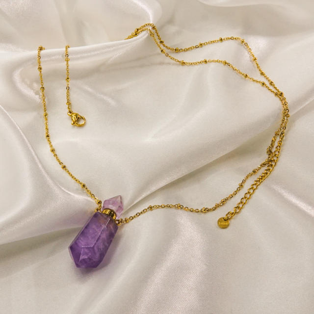 High-grade hexagonal column natural stone perfume bottle necklace stainless steel NECKLACE