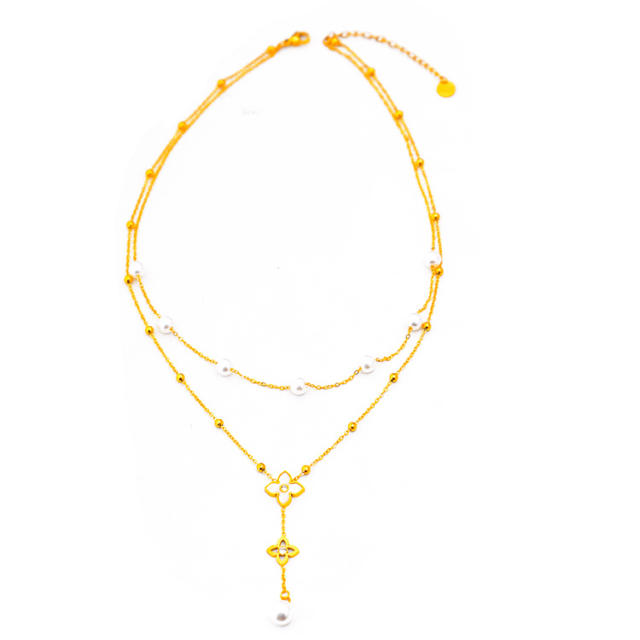 Elegant pearl bead classic white shell flower heart two layer stainless steel necklace