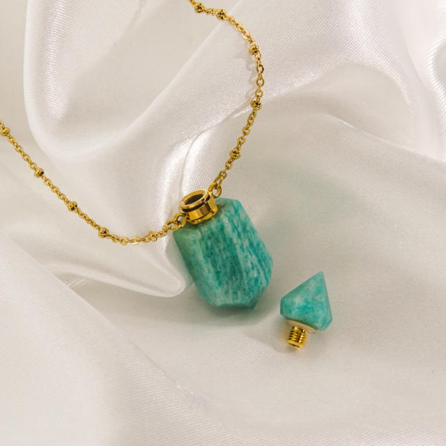 High-grade hexagonal column natural stone perfume bottle necklace stainless steel NECKLACE