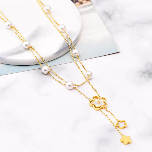 Delicate pearl bead two layer white shell flower stainless steel necklace