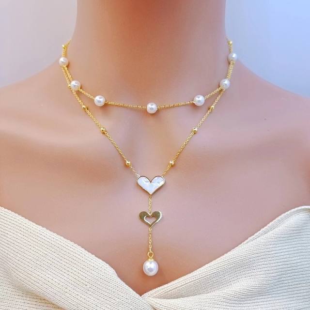 Elegant pearl bead classic white shell flower heart two layer stainless steel necklace