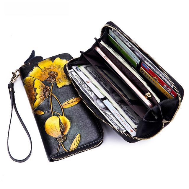 Fashion Personality Bauhinia Cowhide Handbag Women's Long Wallet Genuine Leather Zipper Wallet RFID