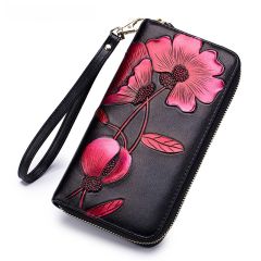 Fashion Personality Bauhinia Cowhide Handbag Women's Long Wallet Genuine Leather Zipper Wallet RFID