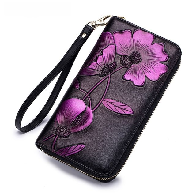 Fashion Personality Bauhinia Cowhide Handbag Women's Long Wallet Genuine Leather Zipper Wallet RFID