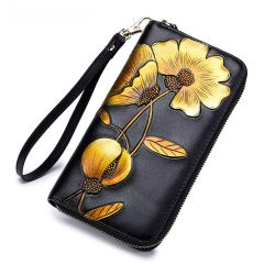 Fashion Personality Bauhinia Cowhide Handbag Women's Long Wallet Genuine Leather Zipper Wallet RFID