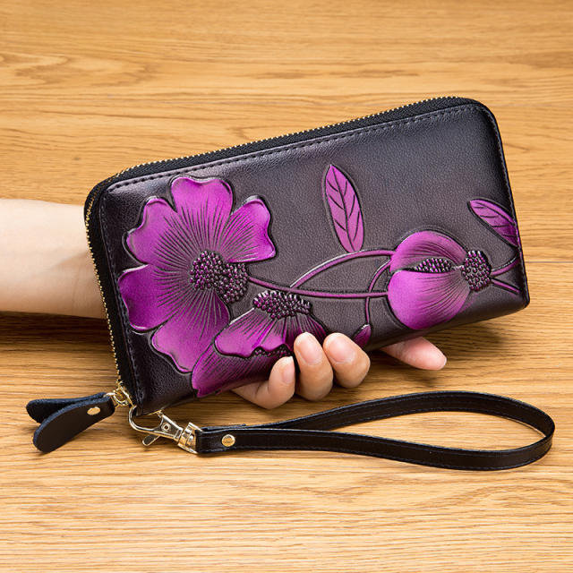 Fashion Personality Bauhinia Cowhide Handbag Women's Long Wallet Genuine Leather Zipper Wallet RFID