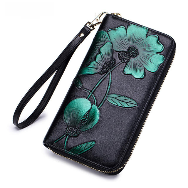 Fashion Personality Bauhinia Cowhide Handbag Women's Long Wallet Genuine Leather Zipper Wallet RFID