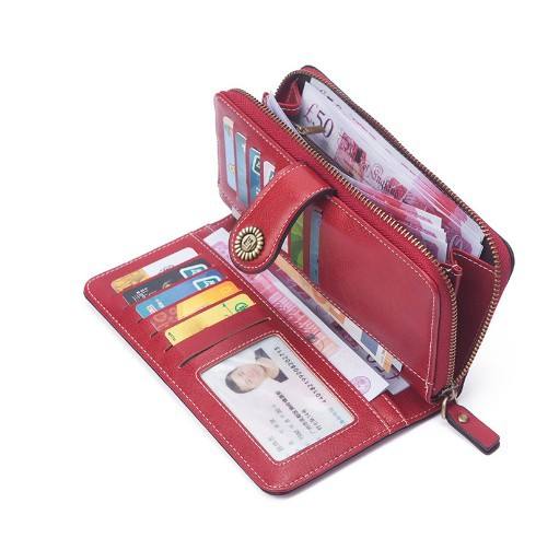 Vintage Wax Leather Wallet Women's Large Capacity Phone Bag