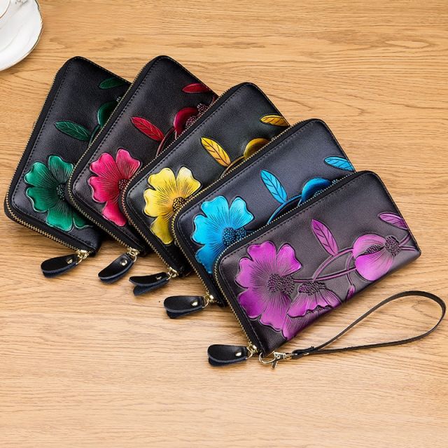 Fashion Personality Bauhinia Cowhide Handbag Women's Long Wallet Genuine Leather Zipper Wallet RFID