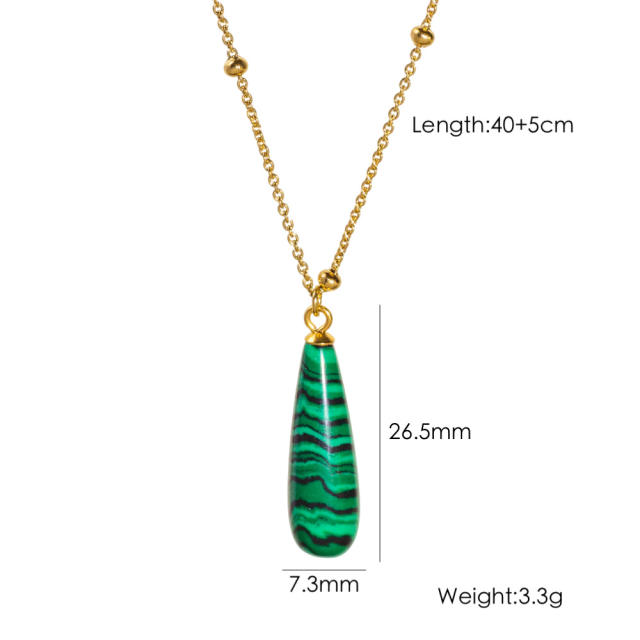 Simple drop shape natural stone pendant stainless steel chain necklace