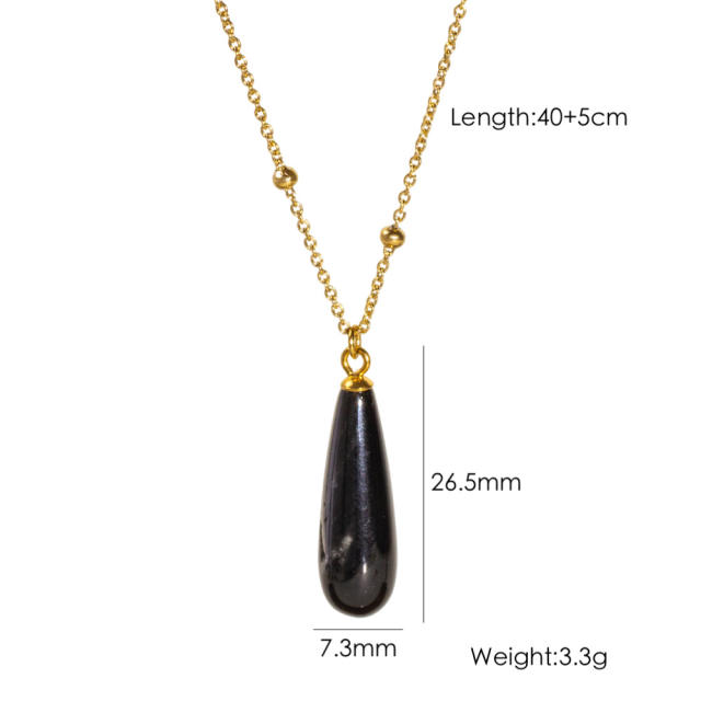 Simple drop shape natural stone pendant stainless steel chain necklace