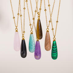 Simple drop shape natural stone pendant stainless steel chain necklace