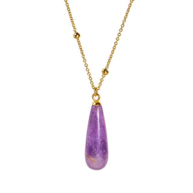 Simple drop shape natural stone pendant stainless steel chain necklace