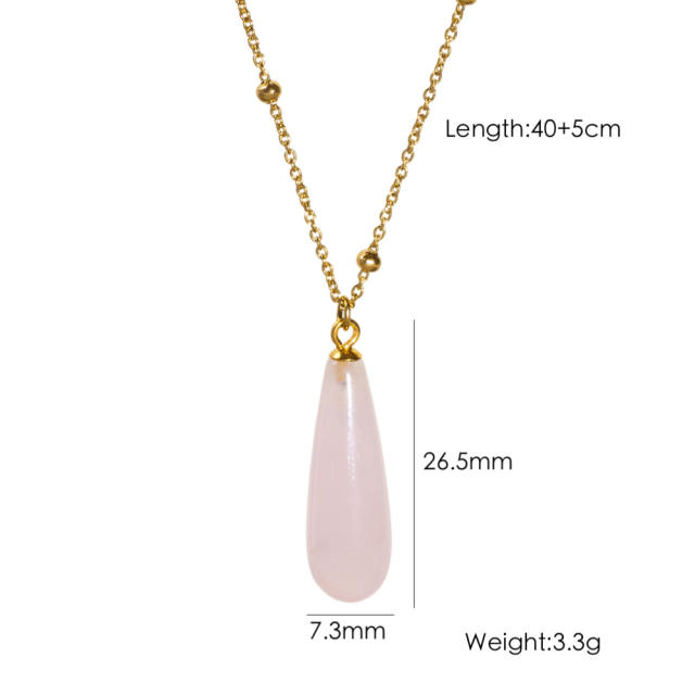 Simple drop shape natural stone pendant stainless steel chain necklace