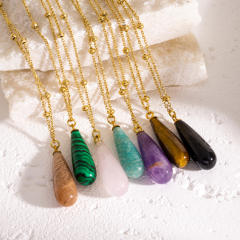 Simple drop shape natural stone pendant stainless steel chain necklace