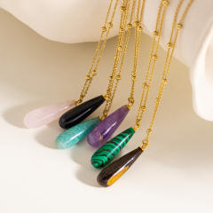 Simple drop shape natural stone pendant stainless steel chain necklace