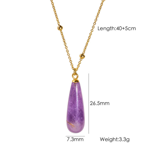 Simple drop shape natural stone pendant stainless steel chain necklace
