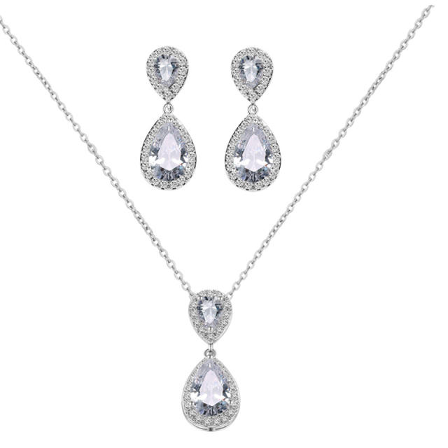 Classic water drop cubic zircon earrings necklace suit female wedding jewelry set
