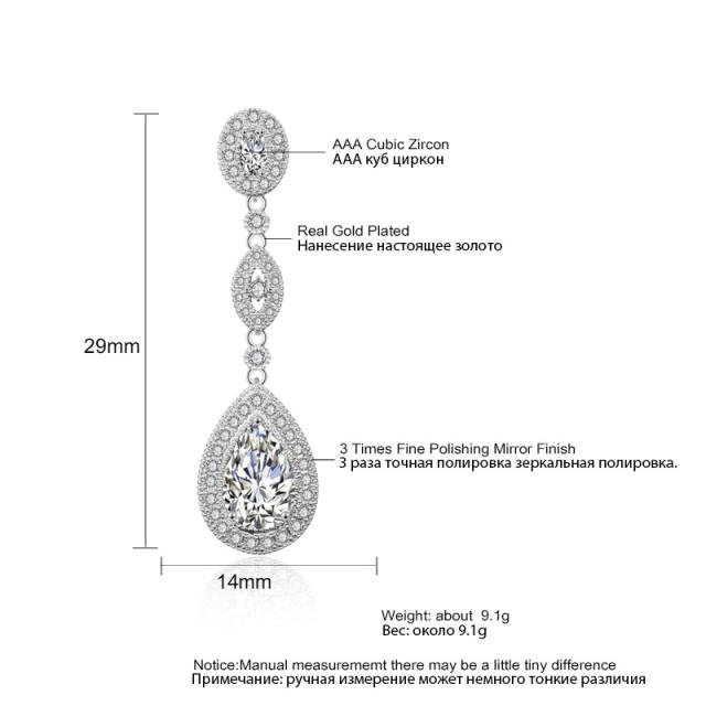 Classic Retro Long Water Drop Zircon Earrings Women's Elegant Bridal Party Dress Wedding Earrings