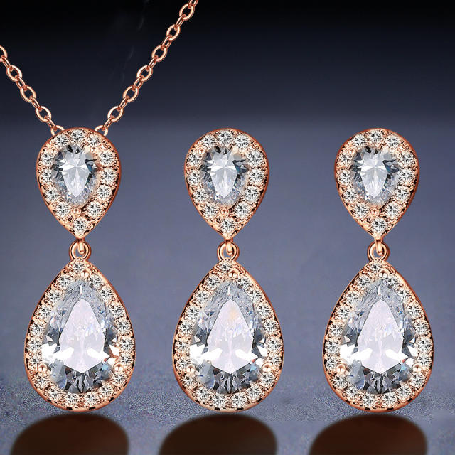 Classic water drop cubic zircon earrings necklace suit female wedding jewelry set