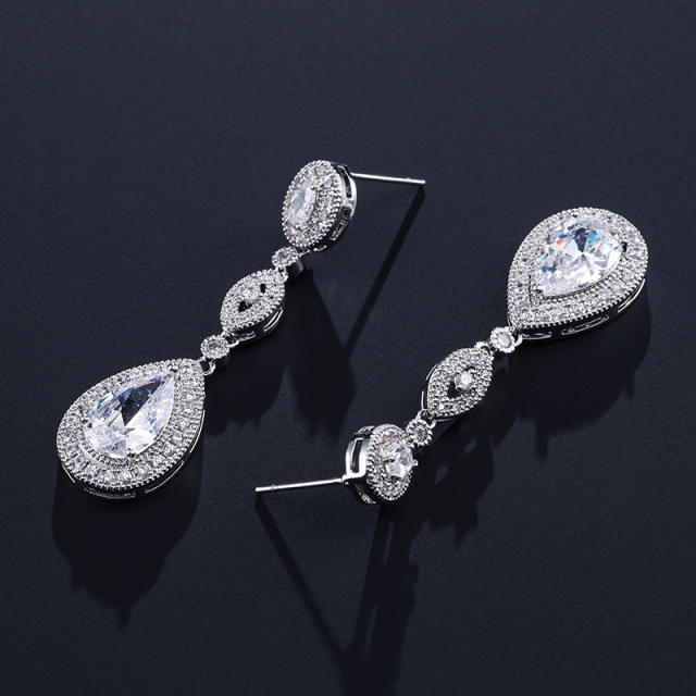 Classic Retro Long Water Drop Zircon Earrings Women's Elegant Bridal Party Dress Wedding Earrings