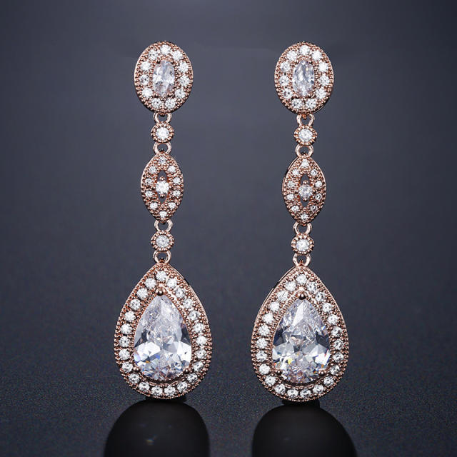Classic Retro Long Water Drop Zircon Earrings Women's Elegant Bridal Party Dress Wedding Earrings