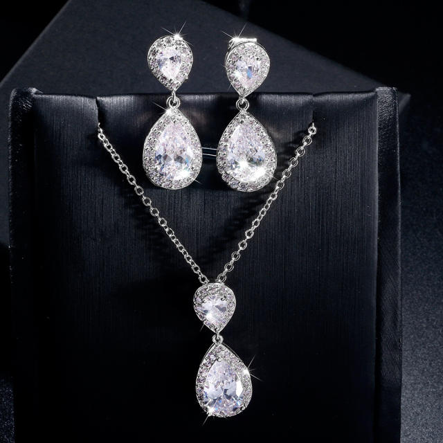 Classic water drop cubic zircon earrings necklace suit female wedding jewelry set