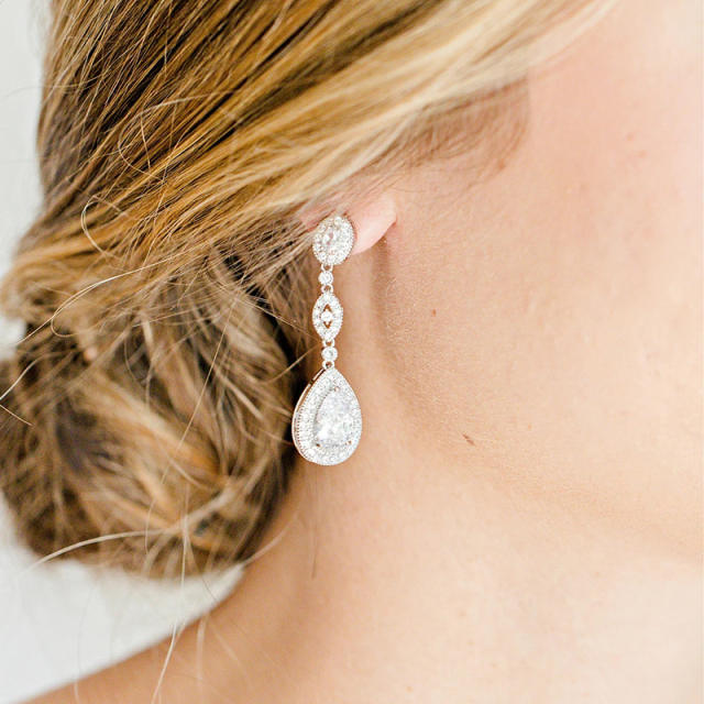 Classic Retro Long Water Drop Zircon Earrings Women's Elegant Bridal Party Dress Wedding Earrings