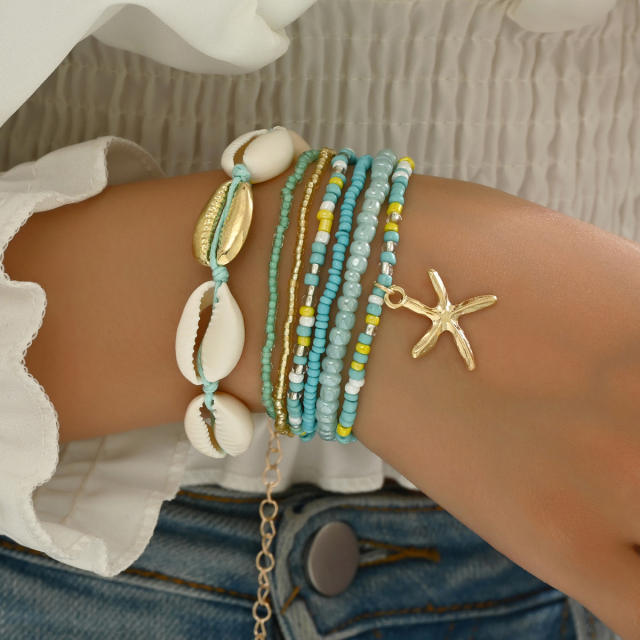 Summer Beach Holiday Bohemian Style Shell Rice Bead Bracelet Starfish Pendant 7-piece Set