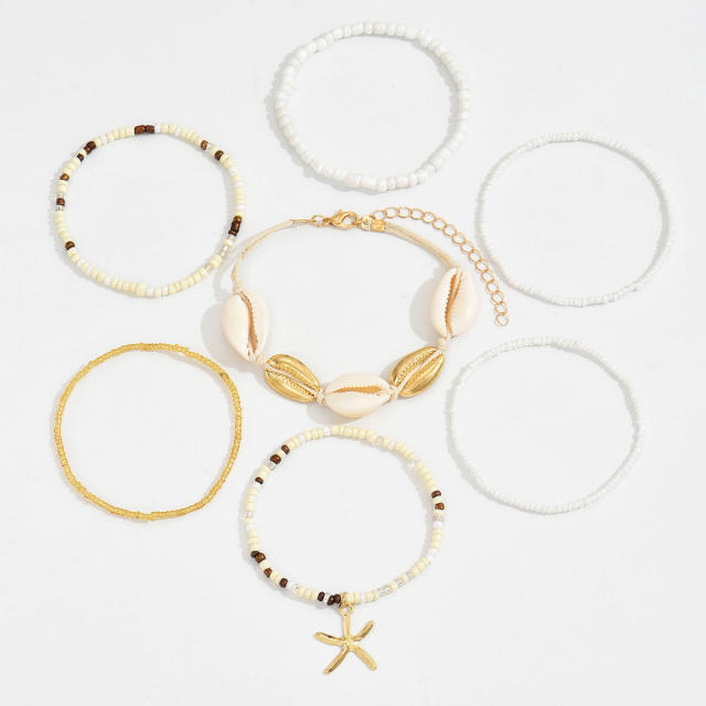 Summer Beach Holiday Bohemian Style Shell Rice Bead Bracelet Starfish Pendant 7-piece Set