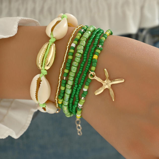 Summer Beach Holiday Bohemian Style Shell Rice Bead Bracelet Starfish Pendant 7-piece Set