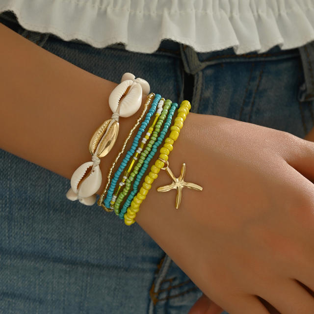 Summer Beach Holiday Bohemian Style Shell Rice Bead Bracelet Starfish Pendant 7-piece Set