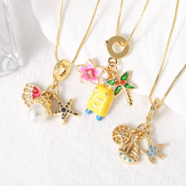 Hot Sale Pearl Flower Starfish Sailing Pendant Necklace Gold Plated copper necklace