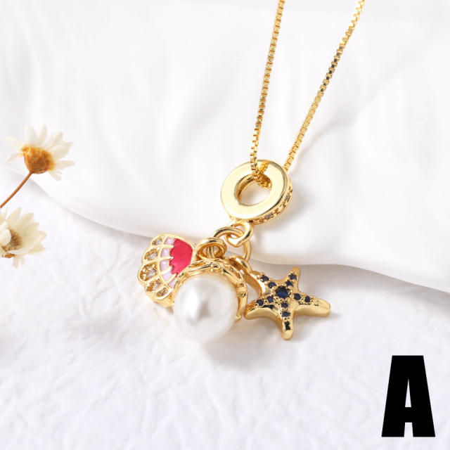 Hot Sale Pearl Flower Starfish Sailing Pendant Necklace Gold Plated copper necklace