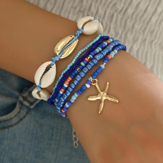 Summer Beach Holiday Bohemian Style Shell Rice Bead Bracelet Starfish Pendant 7-piece Set