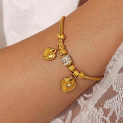 Delicate double heart sticky Czech rhinestone slide bracelet stainless steel bracelet