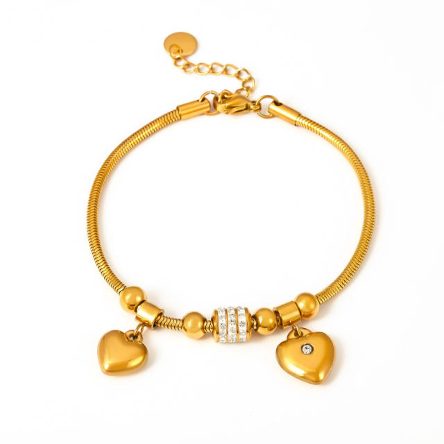 Delicate double heart sticky Czech rhinestone slide bracelet stainless steel bracelet
