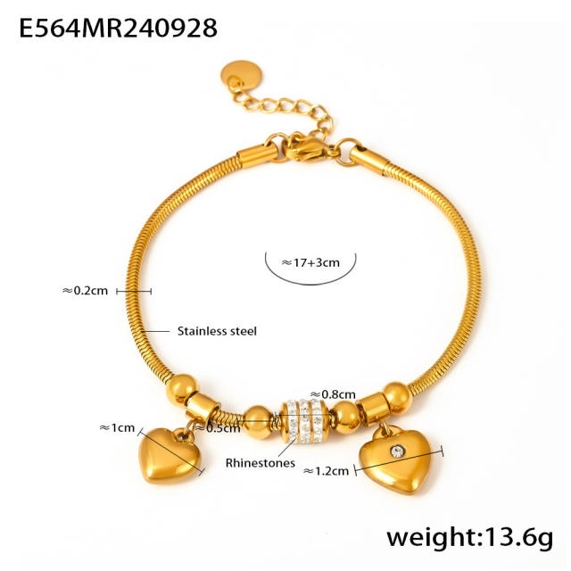 Delicate double heart sticky Czech rhinestone slide bracelet stainless steel bracelet