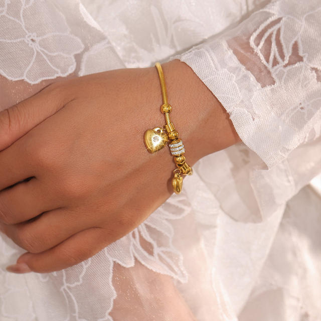 Delicate double heart sticky Czech rhinestone slide bracelet stainless steel bracelet