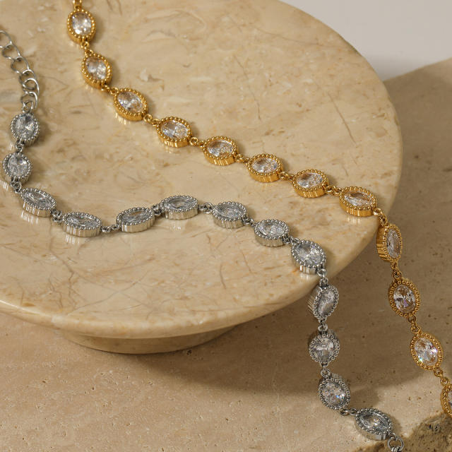 Delicate stainless steel oval shape cubic zircon tennis bracelet for women