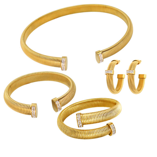 Luxury Shiny Zircon Open Bracelet Earrings Choker Elegant Light Luxury stainless steel jewelry set