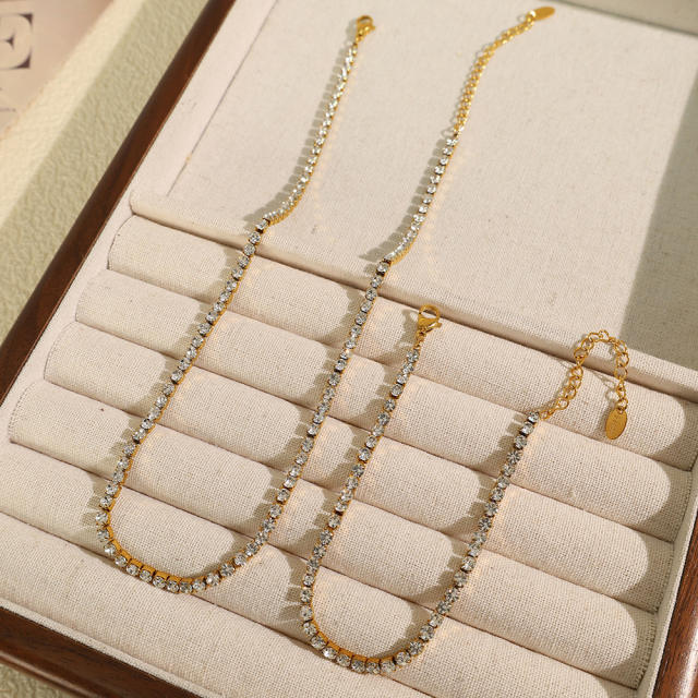 Delicate stainless steel tennis chain necklace bracelet set diamond jewelry for wedding