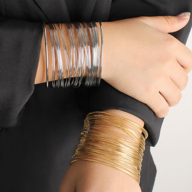 Exaggerated personality wide stainless steel multilayer hollow arm ring open bangle