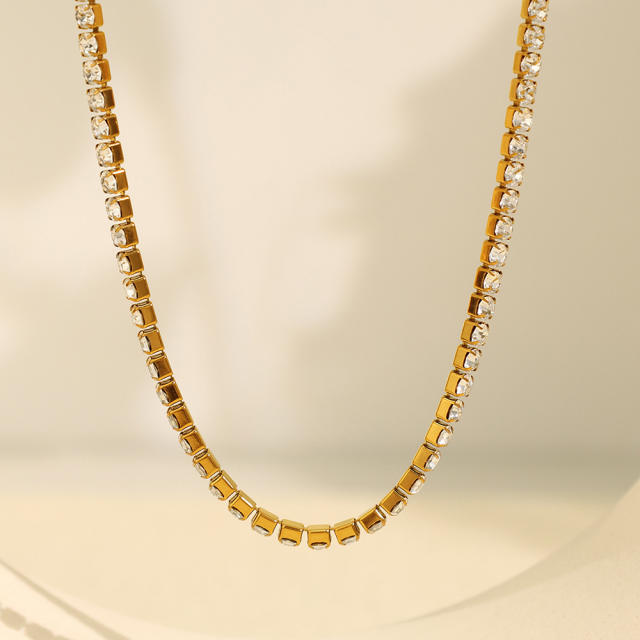 Delicate stainless steel tennis chain necklace bracelet set diamond jewelry for wedding