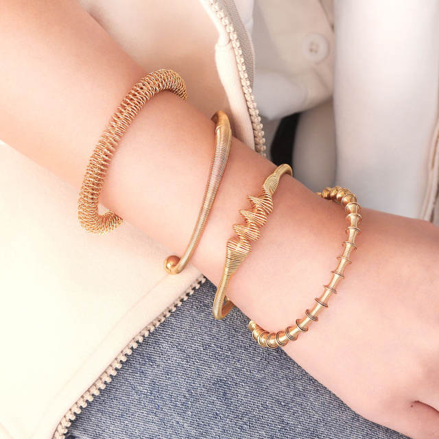 Boho chunky spring design women stainless steel cuff bangle collection