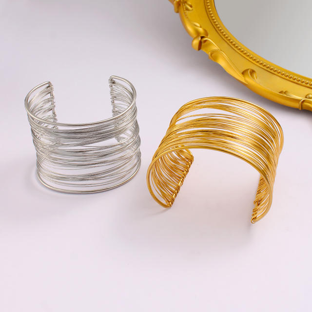 Exaggerated personality wide stainless steel multilayer hollow arm ring open bangle