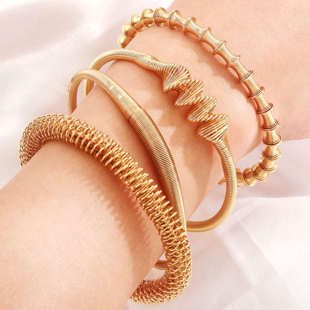 Boho chunky spring design women stainless steel cuff bangle collection