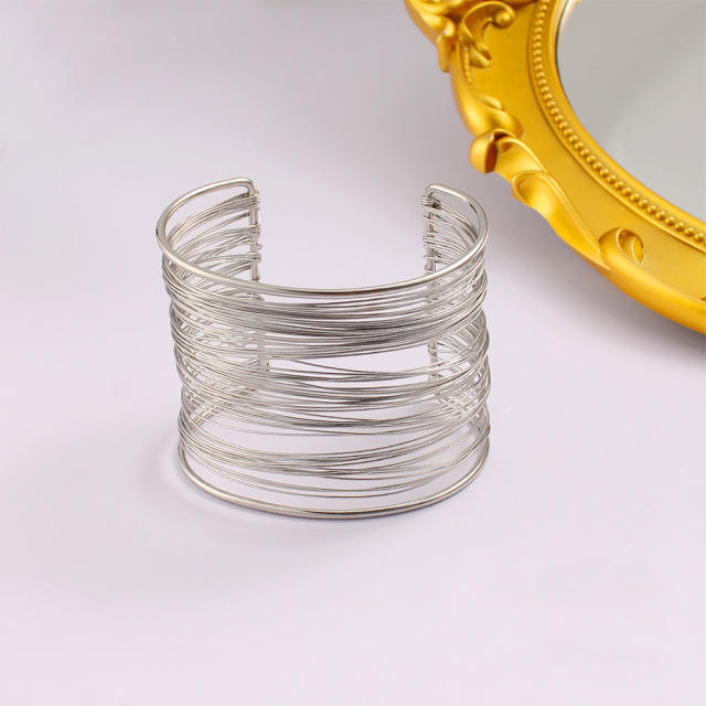 Exaggerated personality wide stainless steel multilayer hollow arm ring open bangle
