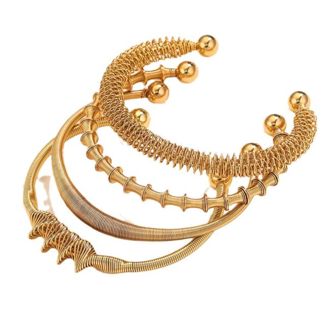 Boho chunky spring design women stainless steel cuff bangle collection